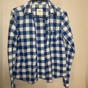 Hollister blue checkered button up, pocket with button on the left